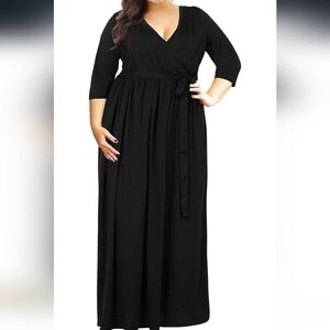 PLUS SIZE Casual V-neck Black 3/4 Sleeve Maxi Wrap Dress W/ Pockets